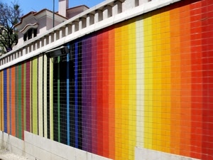 colori, muro, piastrelle, parete, arcobaleno, multicolore, balaustra, nero, righe, rosso, strisce
