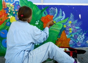 donna, colori, dipinto, pennello, pittore, murales, verde, azzurro, pittura, fiori, muro, artista