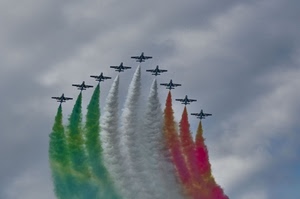 tricolore, aerei, verde, rosso, frecce, cielo, bianco, scie, nuvole