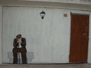 porta, murales, bastone, uomo, vecchio, murale, panchina, muro, lampada, lampione, anziano