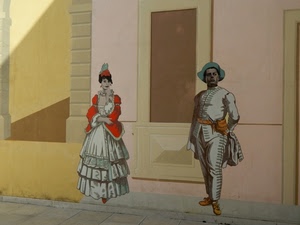 murales, maschere, donna, uomo, rosso, due, muro, murale, porta, dipinto, costumi