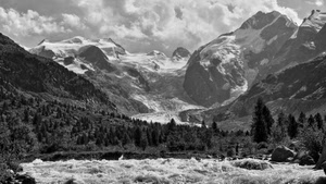 alberi, bianconero, montagne, nuvole, montagna, neve, fiume, rocce, panorama, bianco