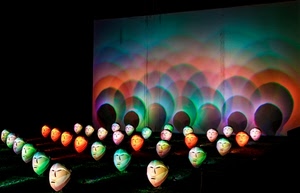 colori, maschere, verde, ombre, facce, rosso, teatro, multicolore, luci, volti, arancio, prospettive