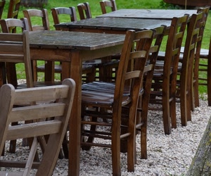 sedie, tavoli, legno, ghiaia, marrone, erba, tavolo, prato