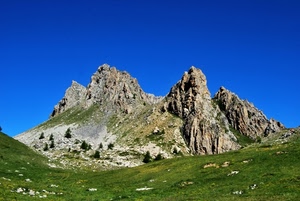 verde, montagne, cielo, montagna, prato, prati, rocce, vette, panorama, roccia, alberi