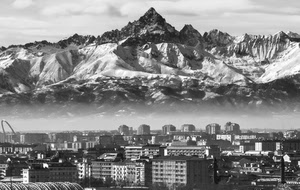 montagne, città, neve, bianconero, palazzi, montagna, panorama, nebbia, case