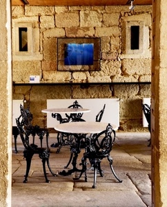 sedie, tavolini, finestre, ferro, pietre, tavoli, quadro, nero, porta, metallo, muro