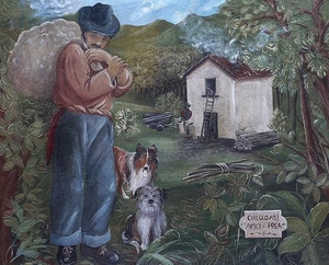 cani, casa, murales, contadino, murale, scala, sacco, uomo, cappello, due, alberi, dipinto
