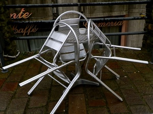 sedie, tre, tavolo, tavolino, tazzina, metallo, bar, caffè, ringhiera