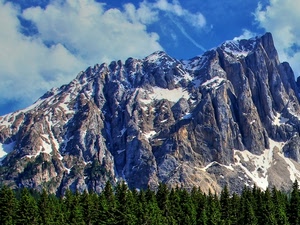 neve, nuvole, alberi, montagna, montagne, rocce, cielo, bianco, verde, roccia, pini, vetta, azzurro, abeti