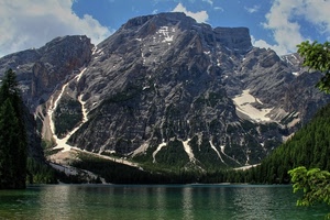 lago, montagna, neve, acqua, cielo, verde, alberi, montagne, nuvole