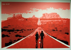 rosso, strada, due, persone, montagne, murales, astratto, bianco