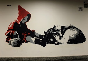 cappuccetto, rosso, cestino, lupo, murales, bambina, nero, muro, cane, fiaba, bianco, disegno, favola, stivali