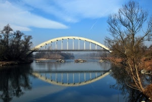 ponte, fiume, alberi, riflessi, riflesso, cielo, curve, acqua