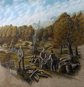 murales, sacchi, legna, alberi, dipinto, carbonai, contadini, montagne, murale, raccolta, piante