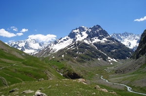 neve, montagna, montagne, sentiero, prato, cielo, verde, nuvole, ruscello, bianco