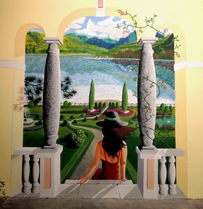 colonne, donna, lago, giardino, murales, cappello, balaustra, dipinto, ragazza, alberi, seduta, verde, paesaggio, muro, affresco, montagne, aiuole, colori, pittura