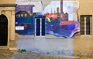 finestre, murales, treno, porta, locomotiva, murale