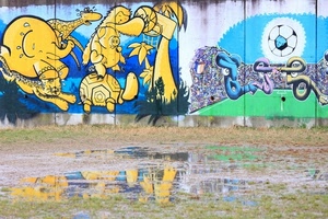 murales, giallo, riflesso, pozzanghera, pallone, acqua, murale, disegni, riflessi, animali, stadio, muro