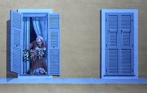 finestre, azzurro, donna, persiane, due, murales, gatto, fiori, muro