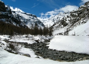 neve, montagna, inverno, alberi, cielo, fiume, torrente, bianco, acqua, montagne, nuvole, ruscello