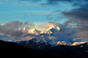 neve, nuvole, cielo, montagne, montagna, sole, cime