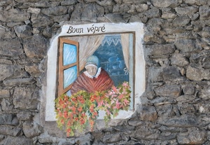 murales, fiori, finestra, pietre, donna, murale, muro, vecchia, anziana, dipinto