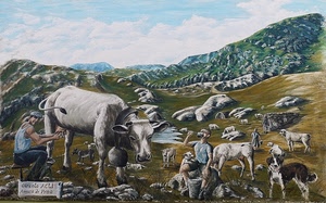 mucca, murales, montagna, cane, dipinto, animali