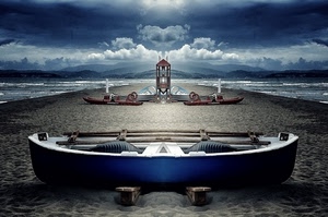 mare, cielo, nuvole, spiaggia, acqua, barca, sabbia, onde, blu, barche, pattini, torretta, bianco, remi, fotomontaggio, azzurro, simmetria, cabina, montagne