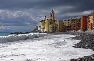 mare, spiaggia, onda, onde, paese, campanile, schiuma, cielo, camogli