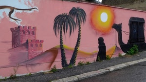 murales, palme, cammello, sole, muro, murale, castello, rosa, deserto, marciapiede