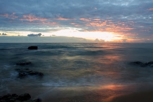 mare, tramonto, nuvole, scogli, acqua, onde, rocce, cielo, riflessi, orizzonte