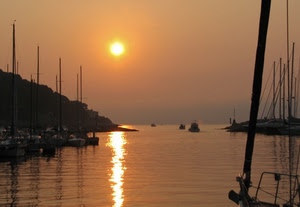 barche, tramonto, mare, sole, alberi, porto, cielo, acqua, arancione, riflesso, riflessi, imbarcazioni