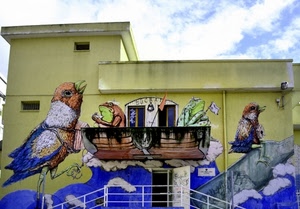 uccelli, murales, balcone, rane, porta, barca, murale, rana, blu