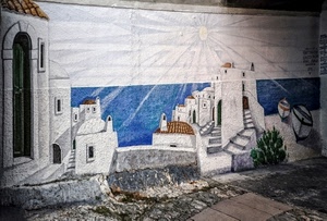 bianco, murales, sole, azzurro, muro, barche, case, strada, dipinto, porta, mare, scale, tetti, finestre, murale