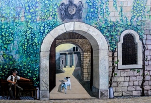 cane, murales, arco, finestra, uomo, edera, porta, archi, anziano