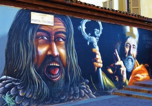 murales, murale, bocca, muro, facce, finestre, scalini, vescovo, papa, capelli, bastone