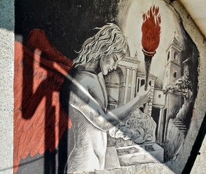 murales, fiaccola, angelo, fiamma, ombre, disegno, fuoco, campanile, torcia, ombra, rosso, dipinto