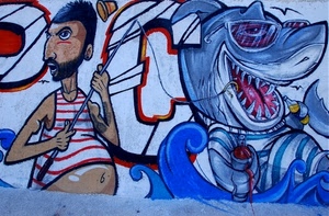murales, pesce, pescatore, murale, squalo, uomo, denti, disegno, azzurro, occhiali, amo