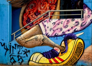 scarpa, murales, ringhiera, colori, giallo, murale, scala, azzurro