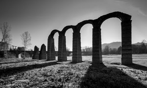 archi, bianconero, ombre, controluce, alberi, ruderi, prato, rovine, pilastri, colonne
