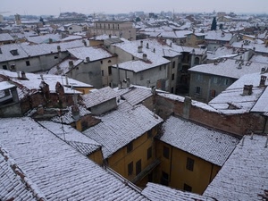 neve, tetti, case, comignoli, panorama, cielo, tegole, bianco, antenne, finestre, inverno, paese