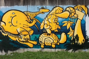 murales, giallo, animali, tartaruga, erba, elefante, muro, murale