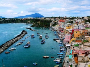 barche, porto, mare, panorama, acqua, case, borgo, cielo