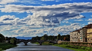 ponte, nuvole, fiume, acqua, cielo, archi, palazzi, case, alberi