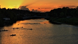 tramonto, fiume, barche, controluce, mare, acqua, canoe, nuvole, cielo, sole