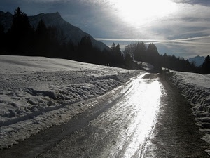 strada, neve, controluce, alberi, inverno, montagna, bianco