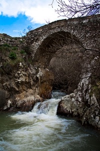 fiume, ponte, acqua, arco, cascata, rami, rocce, cielo