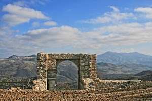 nuvole, arco, cielo, montagne, porta, montagna, pietre, rudere, muro