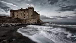 castello, mare, nuvole, onde, spiaggia, sabbia, torri